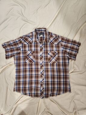 Wrangler Brown and Blue Plaid Short-Sleeve Pearl Snap Shirt